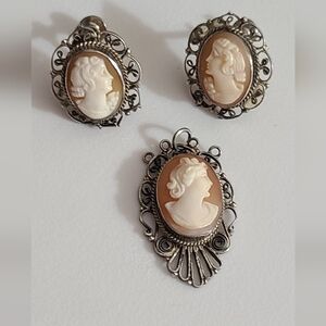 Antique 800 silver cameo set brooch earrings shell vintage filigree Victorian